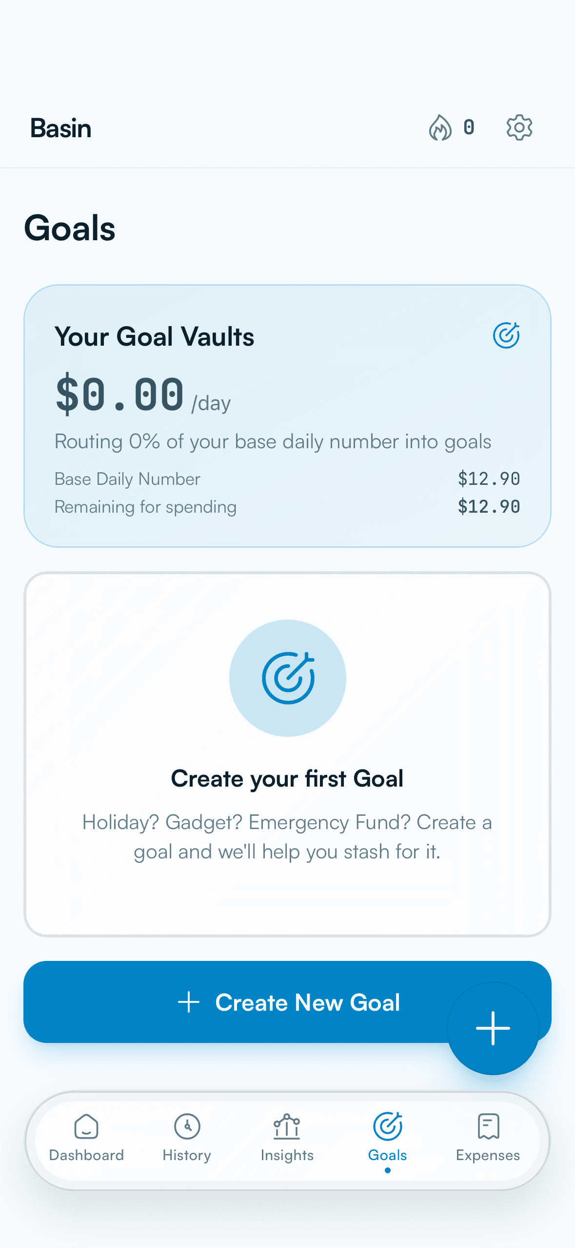 Basin goals screen showing goal vaults and create new goal controls.