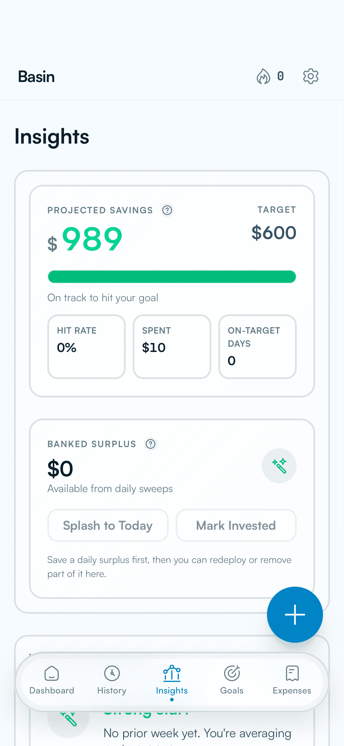 Basin insights screen showing projected savings, hit rate, spending, and banked surplus.