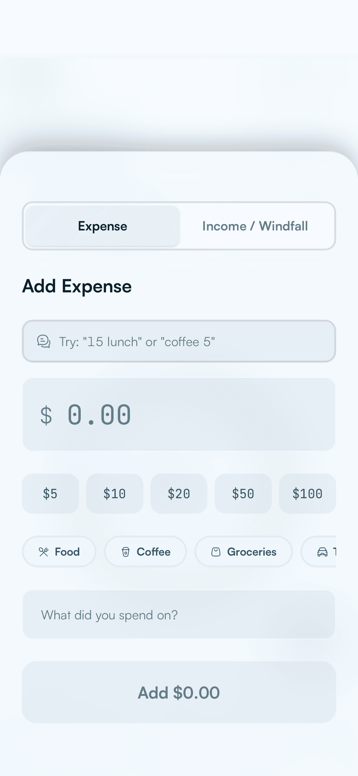 Basin quick add expense sheet with amount presets and category chips.