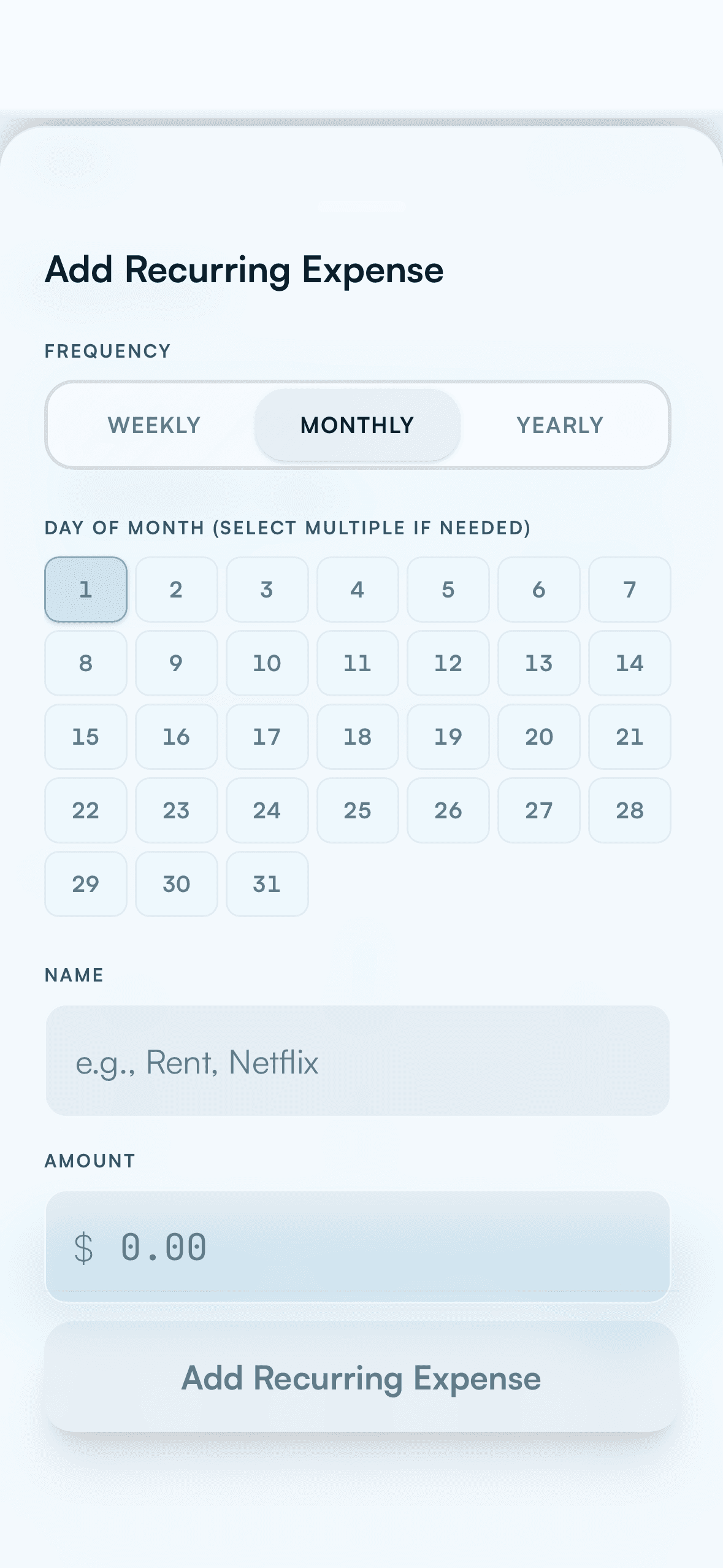 Basin recurring expense screen with monthly frequency, day picker, name, and amount fields.